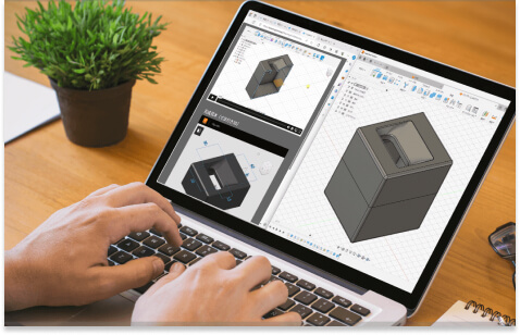 Fusionを使った3DCAD設計をノートパソコンで学習している様子