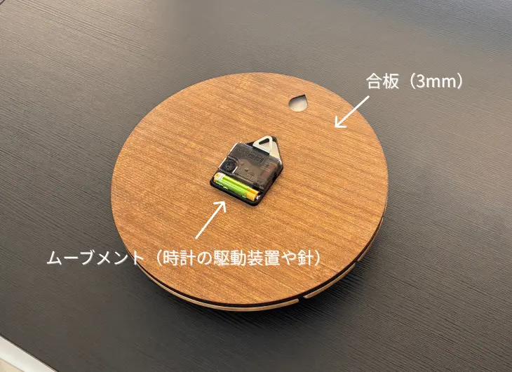 時計の背面構造。厚さ3mmの合板を裏板に使用し、中央に電池式のムーブメントが装着されている様子。