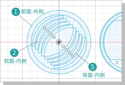 円形のウォールシェルフの前面、背面のスケッチ画像